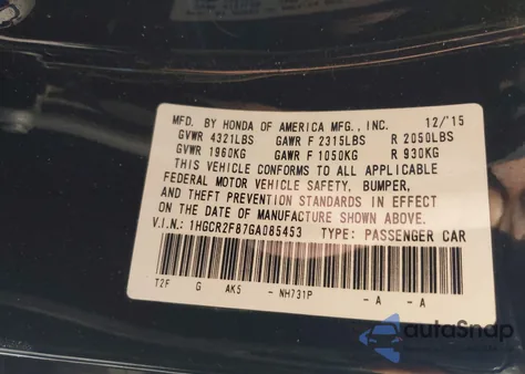 2016 Honda Accord Exl z USA, uszkodzony, nr VIN 1HGCR2F87GA085453